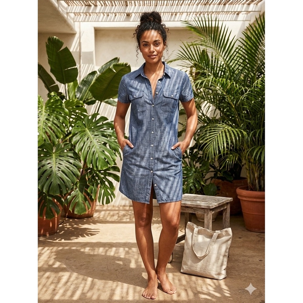 Celtic & Co. Blue Cotton Linen Chambray Button Down Short Sleeve Shirt Dress 12